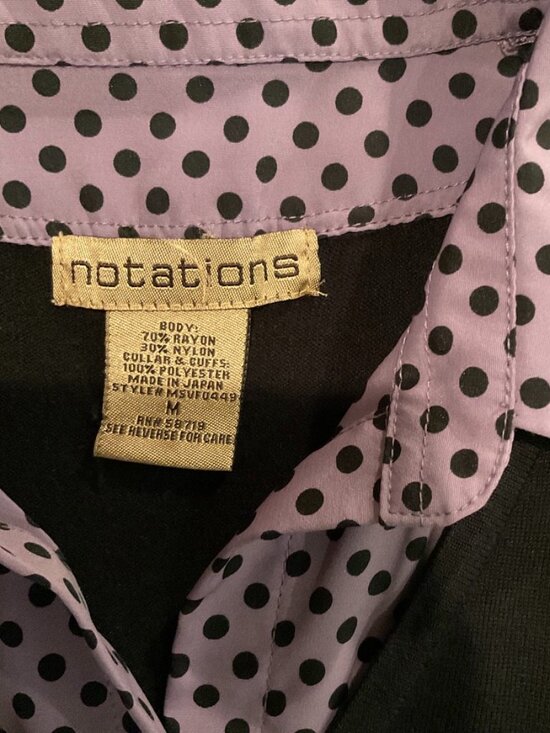 Notations Black Sweater Purple Polka Dot Collared Accents Womens Size Medium - Picture 2 of 5